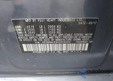 2017 Subaru Legacy Limited z USA, uszkodzony, nr VIN 4S3BNAK69H3059060